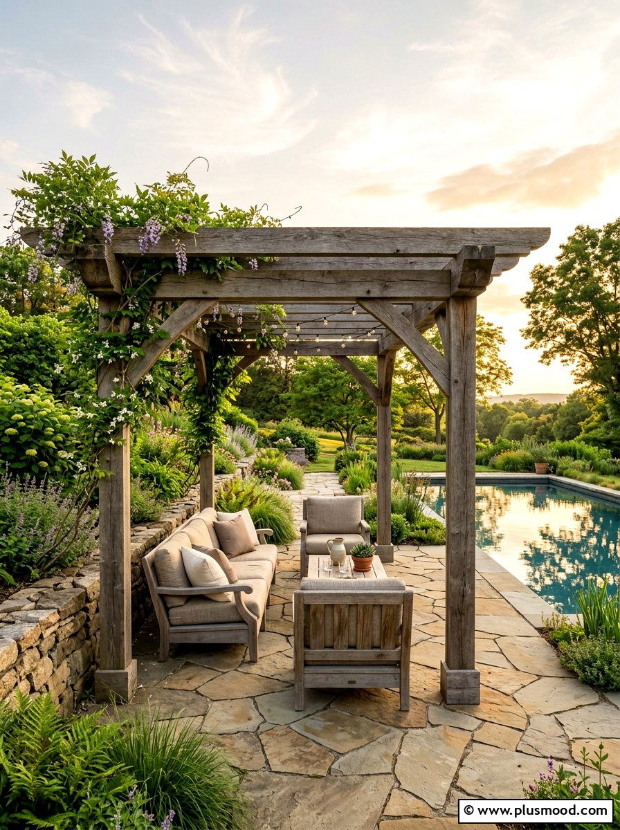 Stone patio pool with pergola - 25 pool landscaping ideas with pergola shade