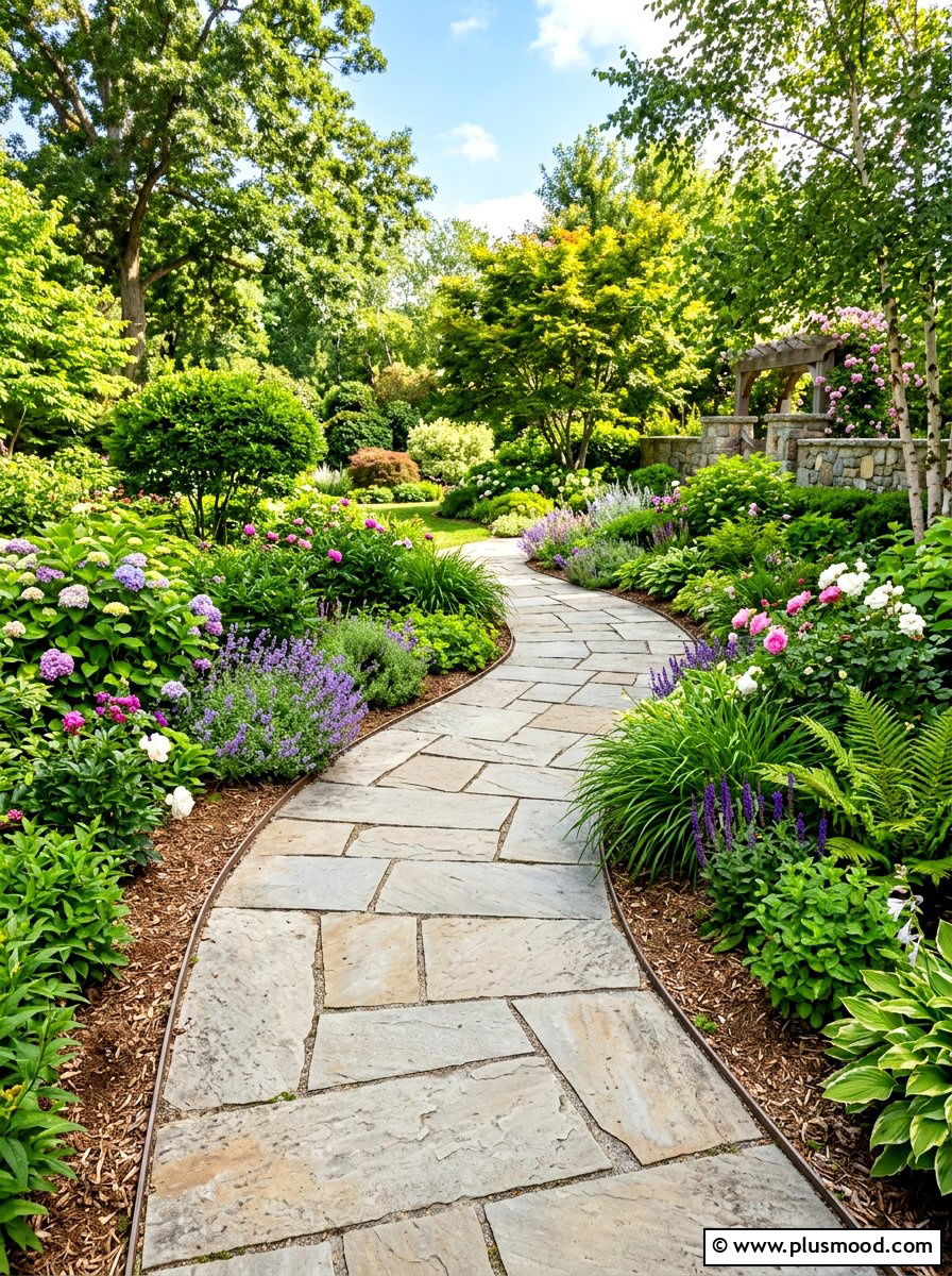 Stone paver walkway - 25 summer full sun garden ideas
