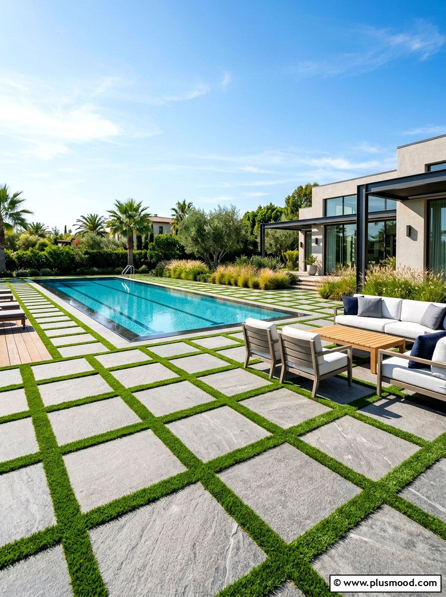 Stone pavers with grass strips - 25 pool landscaping ideas with grass