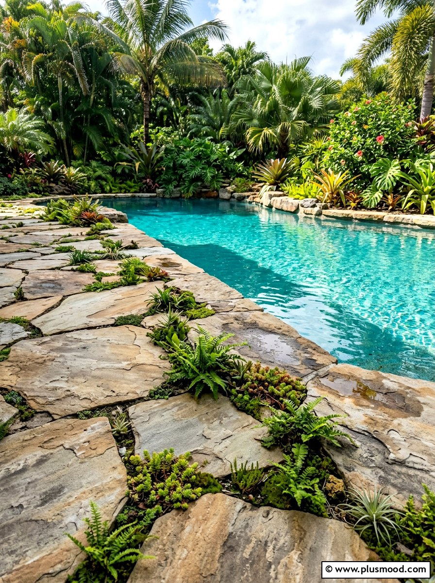 Stone pool deck with plants - 25 pool landscaping ideas with tropical plants