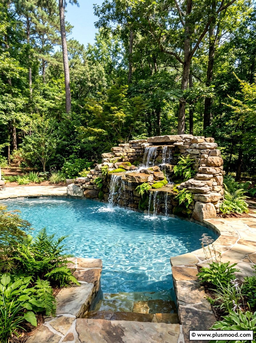 Stone pool waterfall - 25 pool landscaping ideas for cottagecore theme
