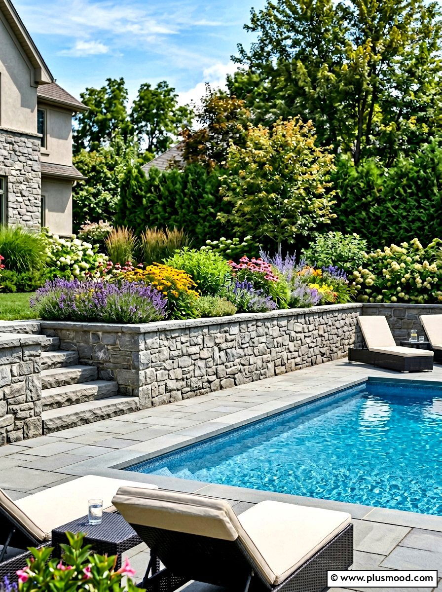 Stone retaining wall - 25 pool landscaping ideas for privacy screen