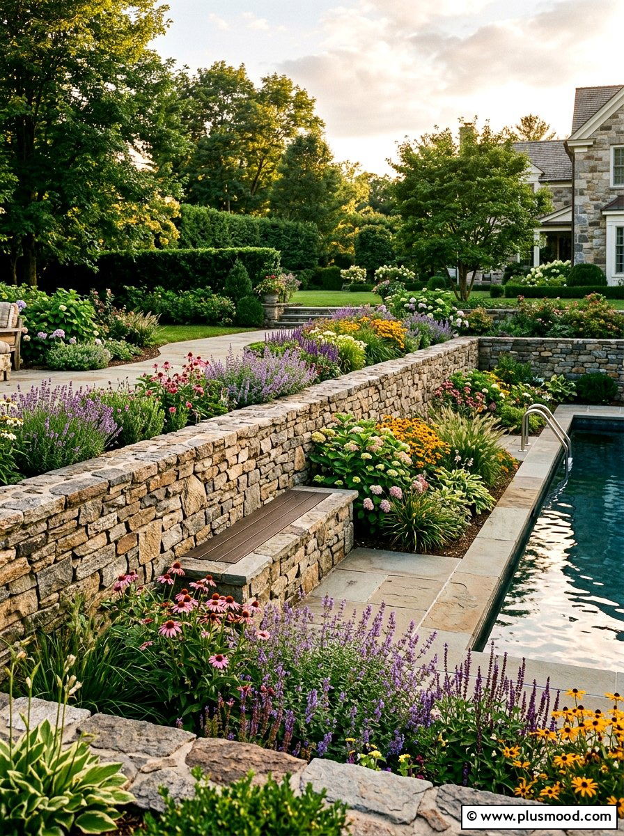 Stone retaining wall - 25 pool landscaping ideas with natural stone