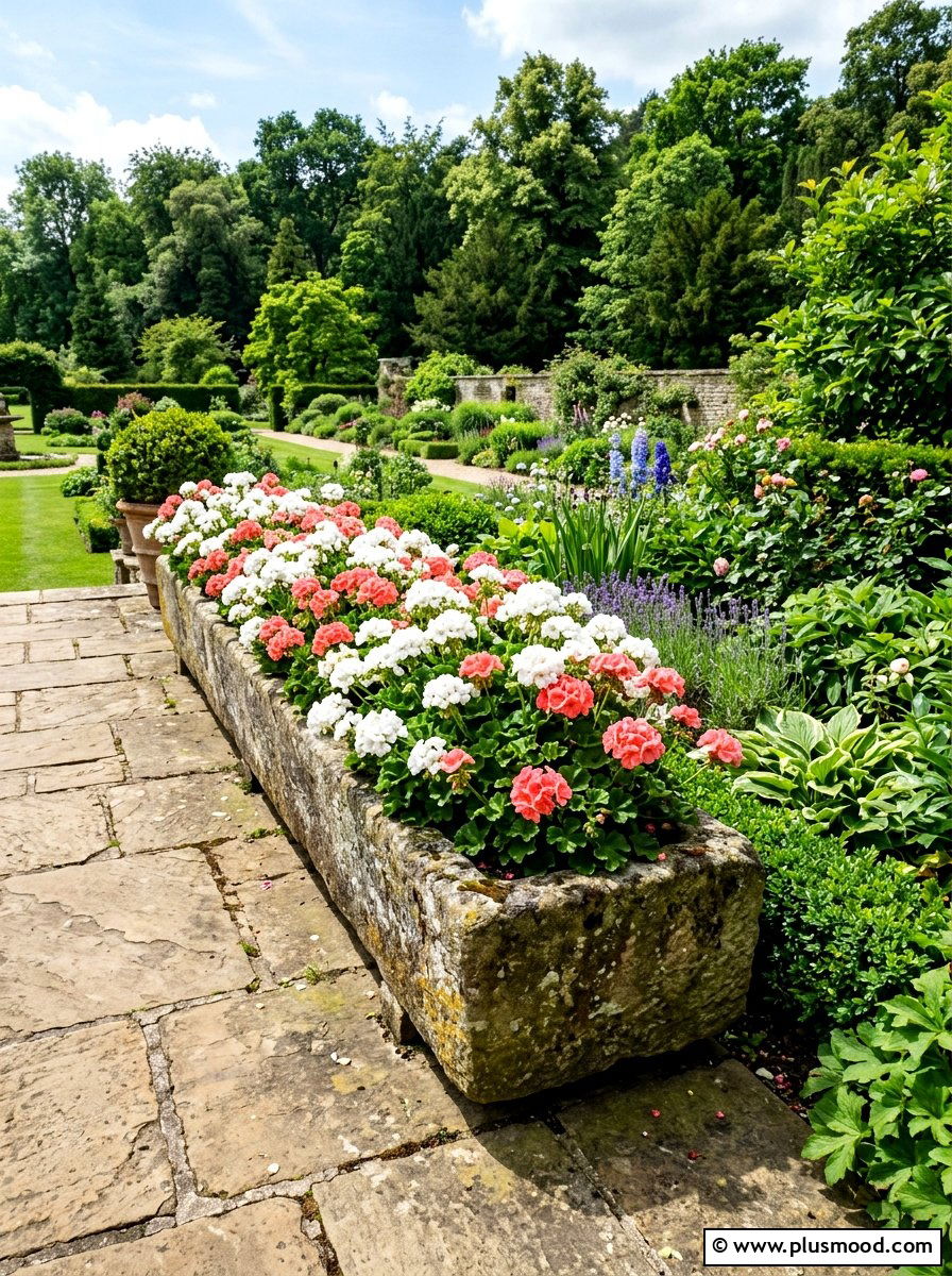 Stone trough geranium planters - 25 summer planters with geraniums ideas