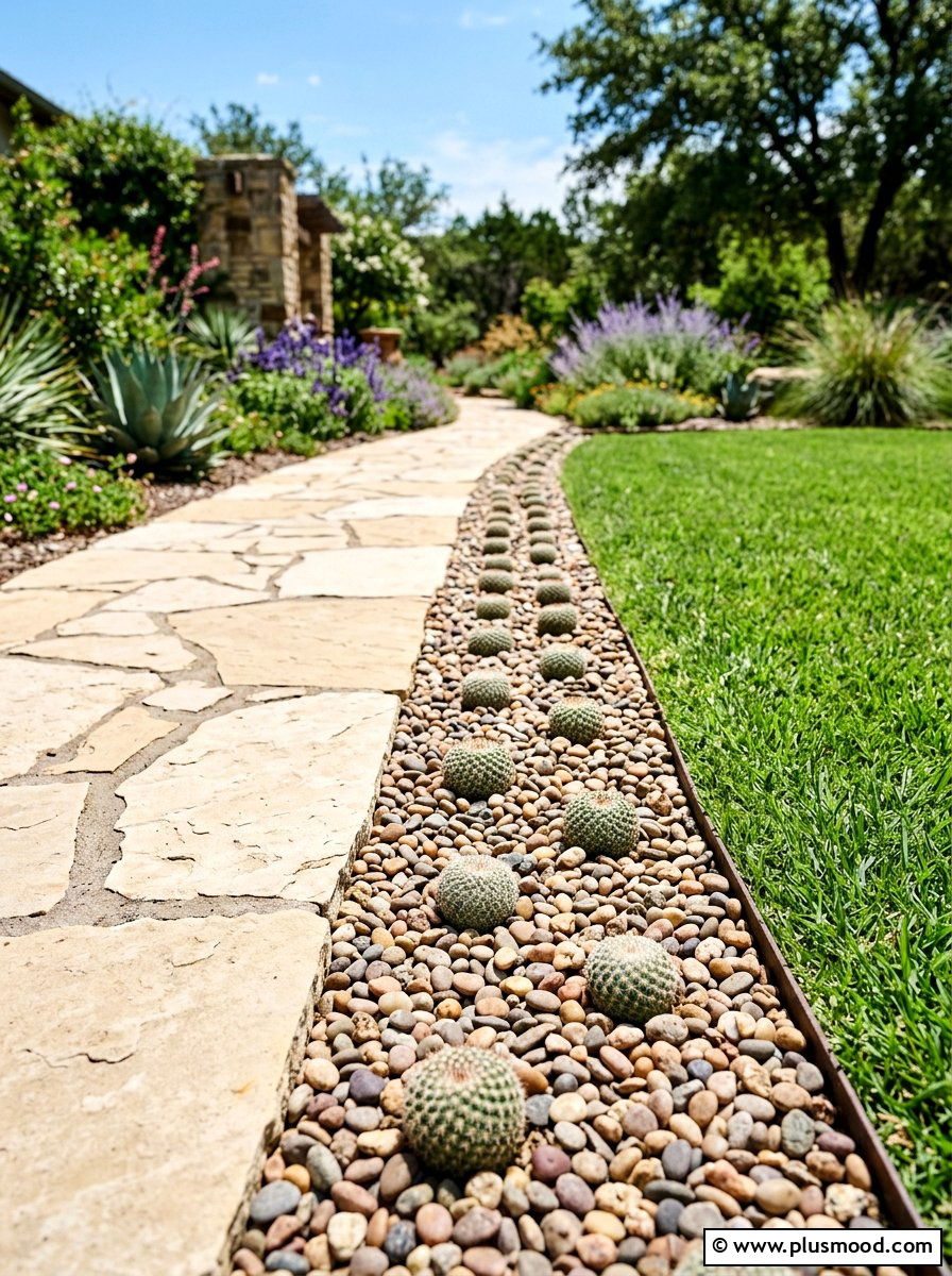 Stone walkway border - 25 small backyard ideas with cactus garden