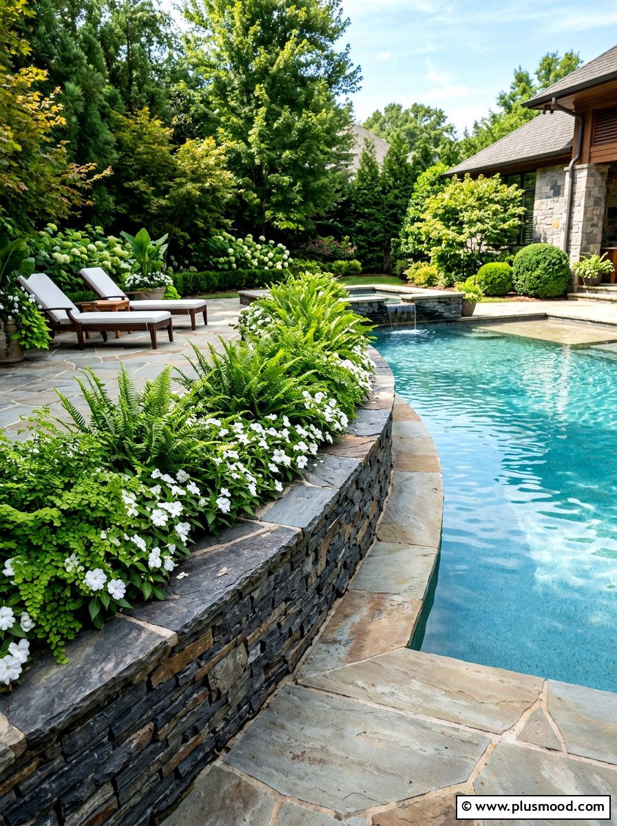 Stone wall flower beds pool - 25 pool landscaping ideas with flower beds