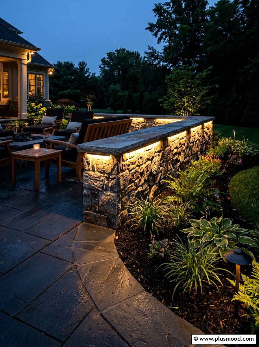 Stone wall lighting - 25 small backyard ideas with stone wall