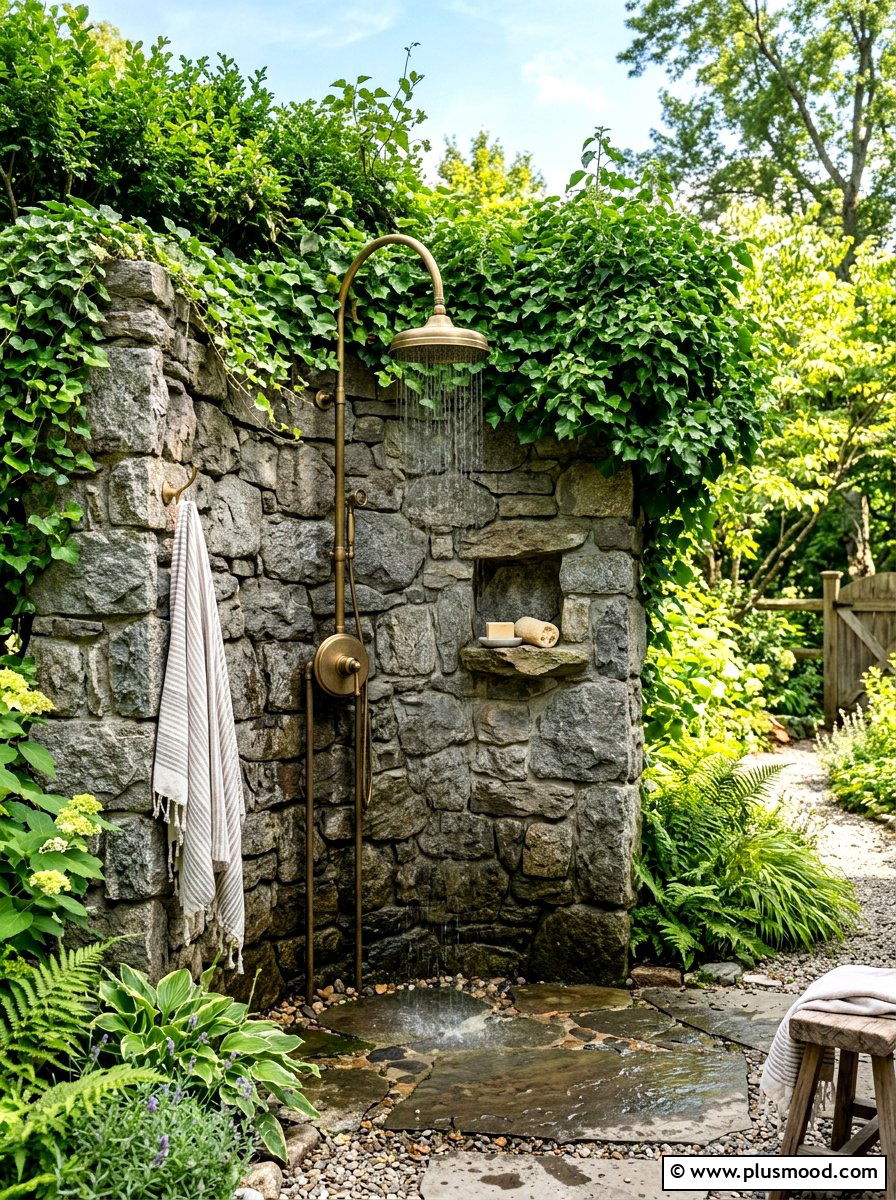 Stone wall outdoor shower - 25 summer outdoor shower ideas