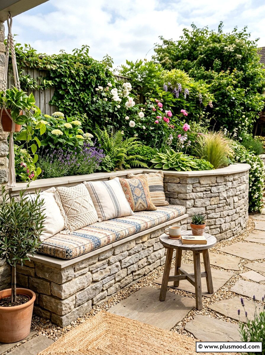 Stone wall seating - 25 small backyard ideas with stone wall