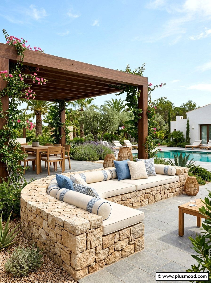 Stone wall with cushions - 25 small backyard ideas with seating wall