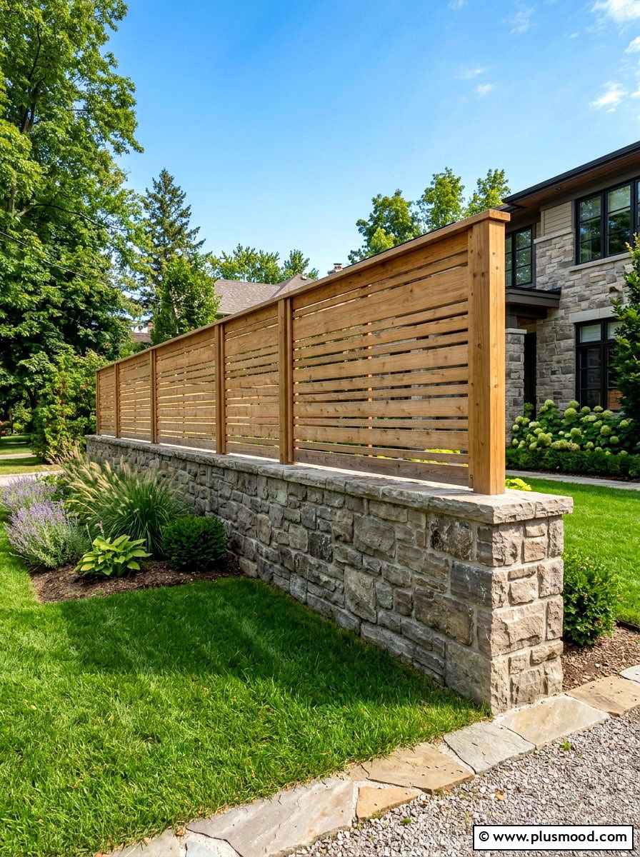 Stone wall wood fence - 25 small backyard ideas with stone wall