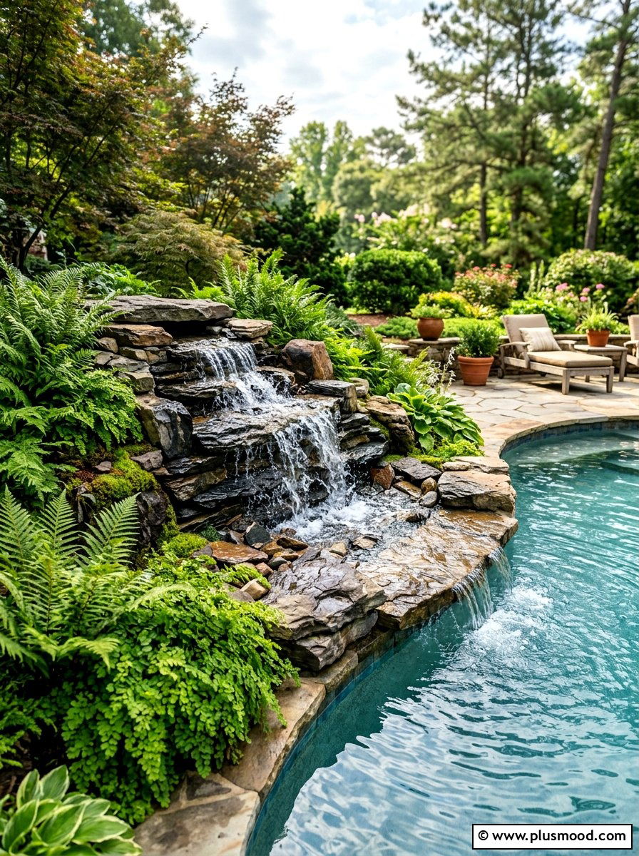 Stone waterfall for pool - 25 pool landscaping ideas for small backyards