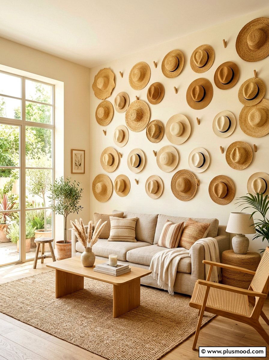 Straw Hat Wall - 25 summer shelf styling ideas for living room