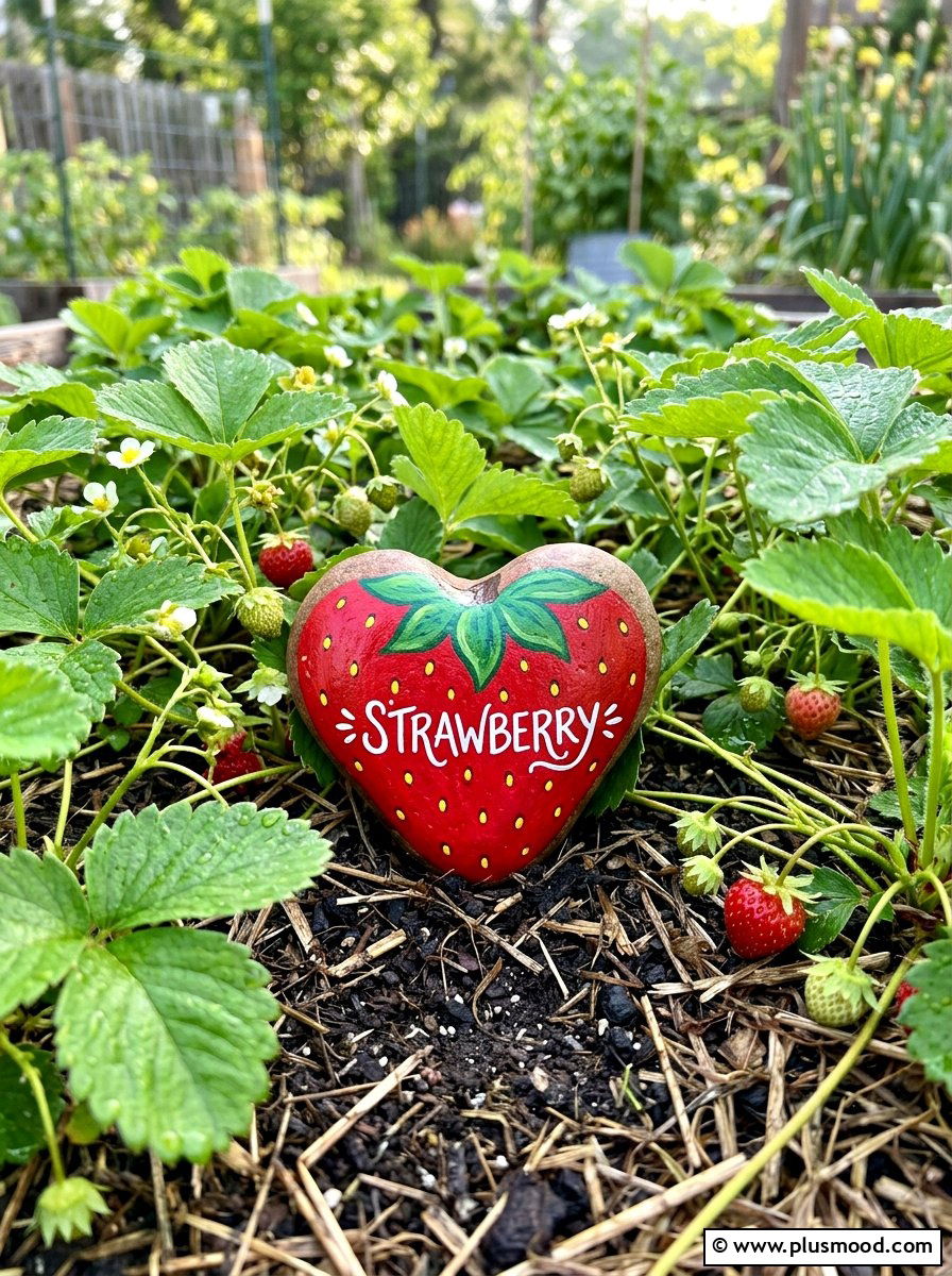Strawberry Garden Marker - 25 painted rock ideas for plant markers