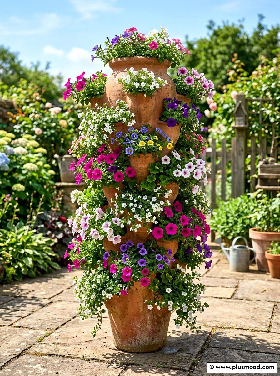 Strawberry Jar Flower Tower - 25 summer small planter ideas