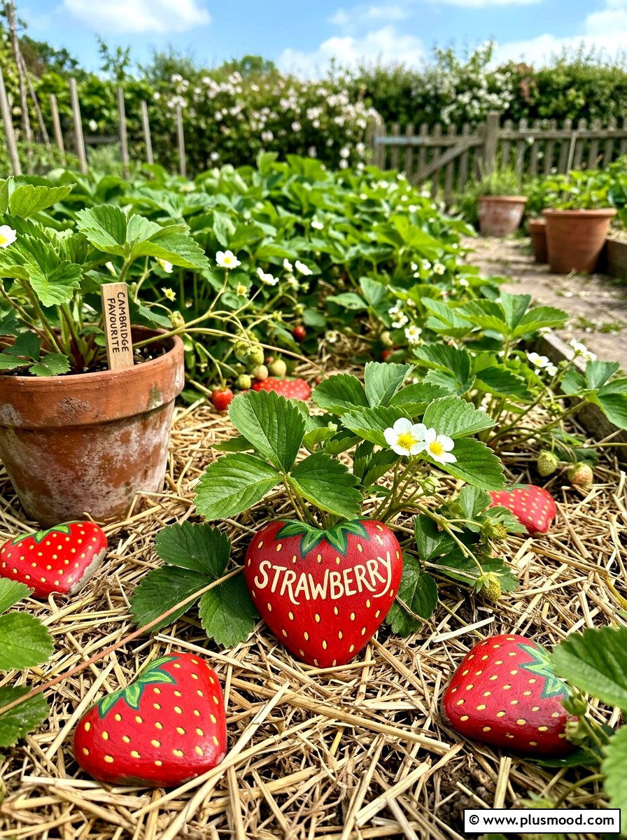Strawberry garden labels - 25 painted rock ideas with vegetable garden labels