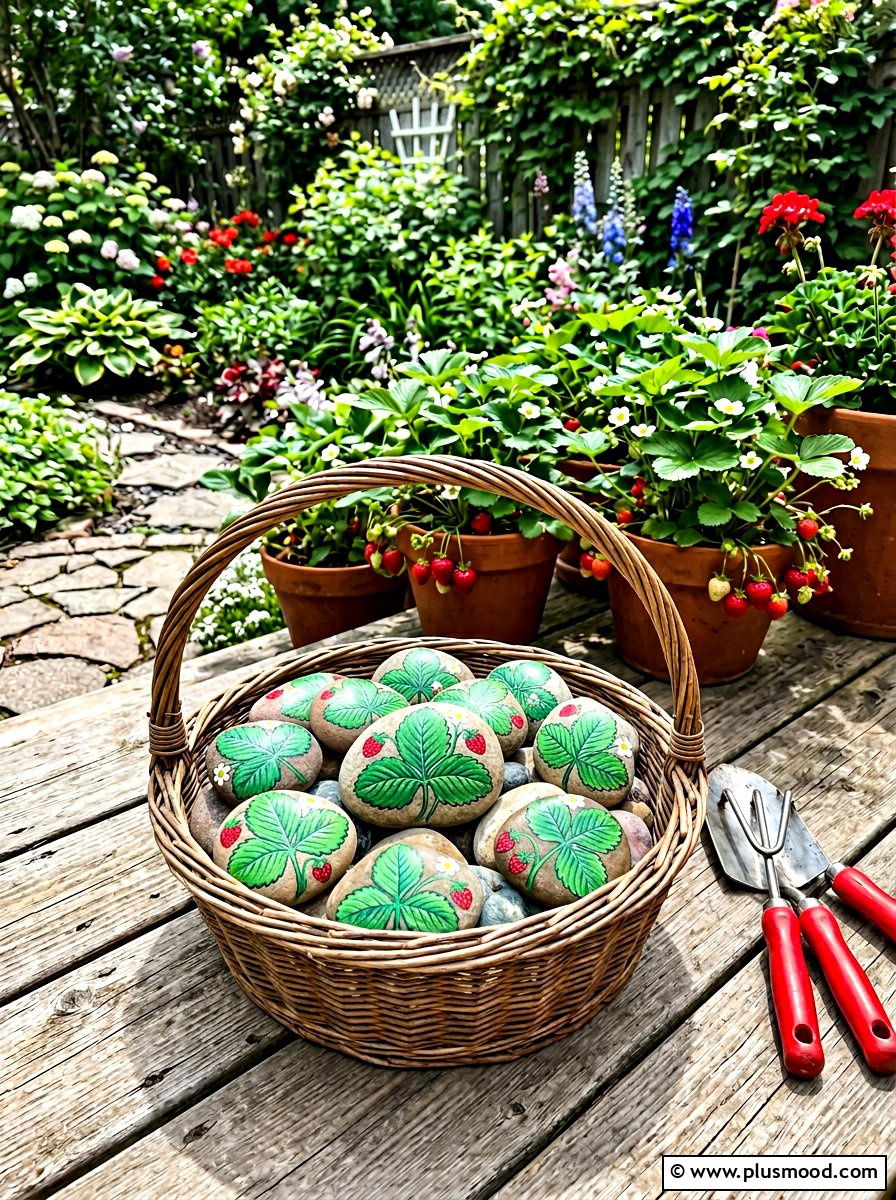 Strawberry leaf rock - 25 painted rock ideas with leaf impressions