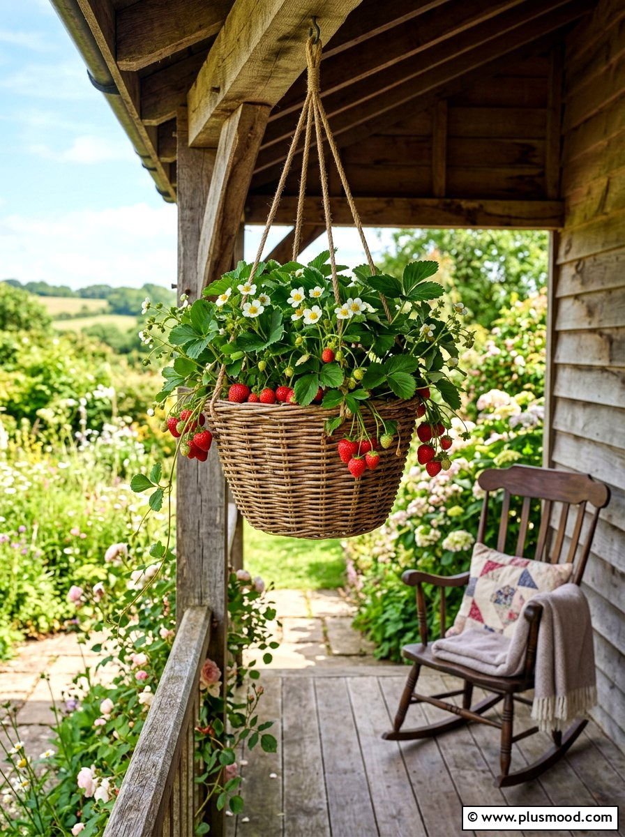 Strawberry plant hanging basket - 25 summer front porch decor ideas with hanging baskets