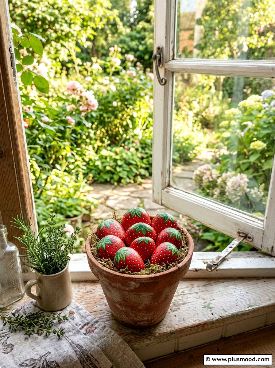 Strawberry rock painting - 25 painted rock ideas with fruit design