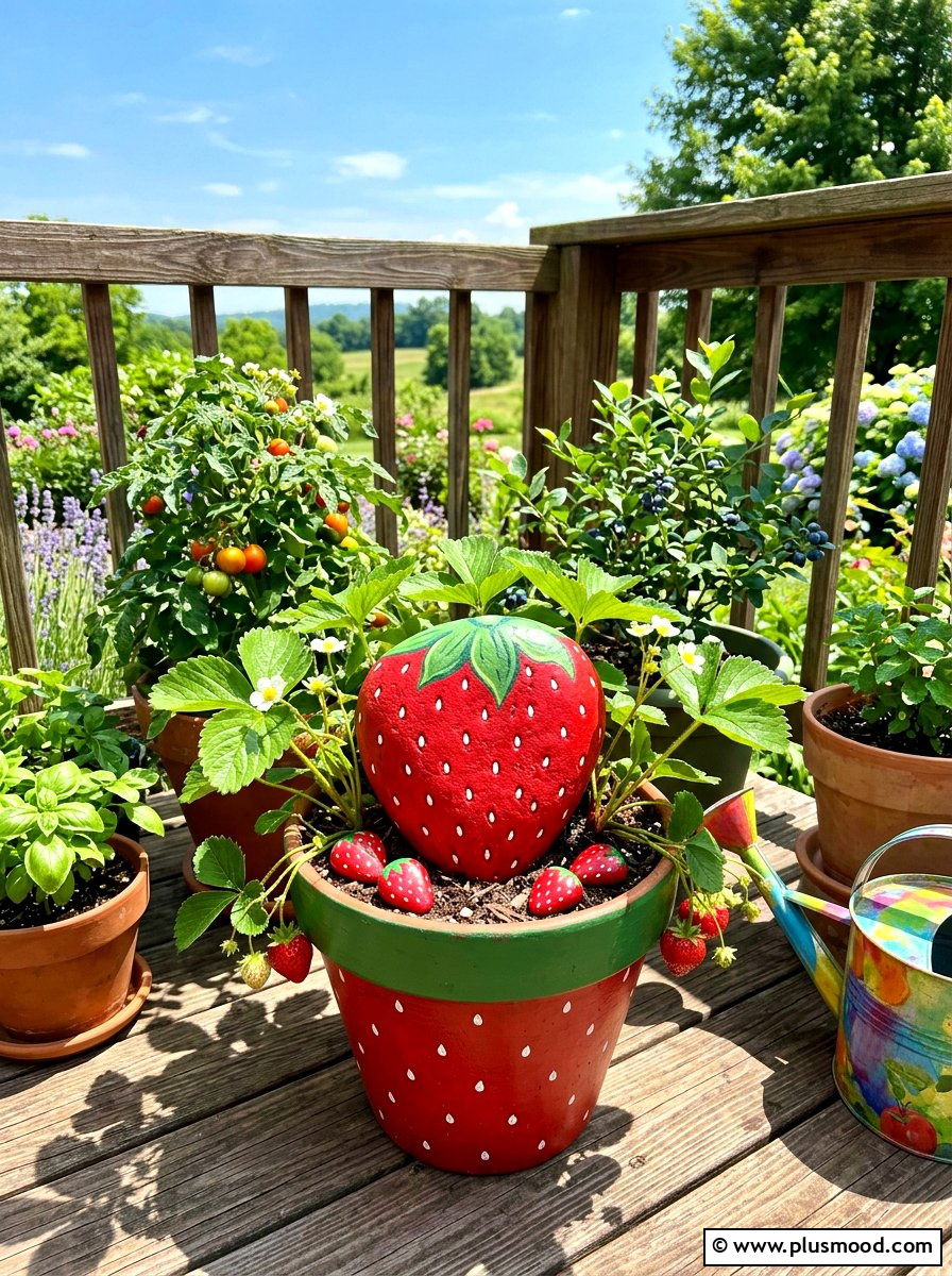 Strawberry shaped stone for fruit pot - 25 painted rock ideas for plant pot decoration