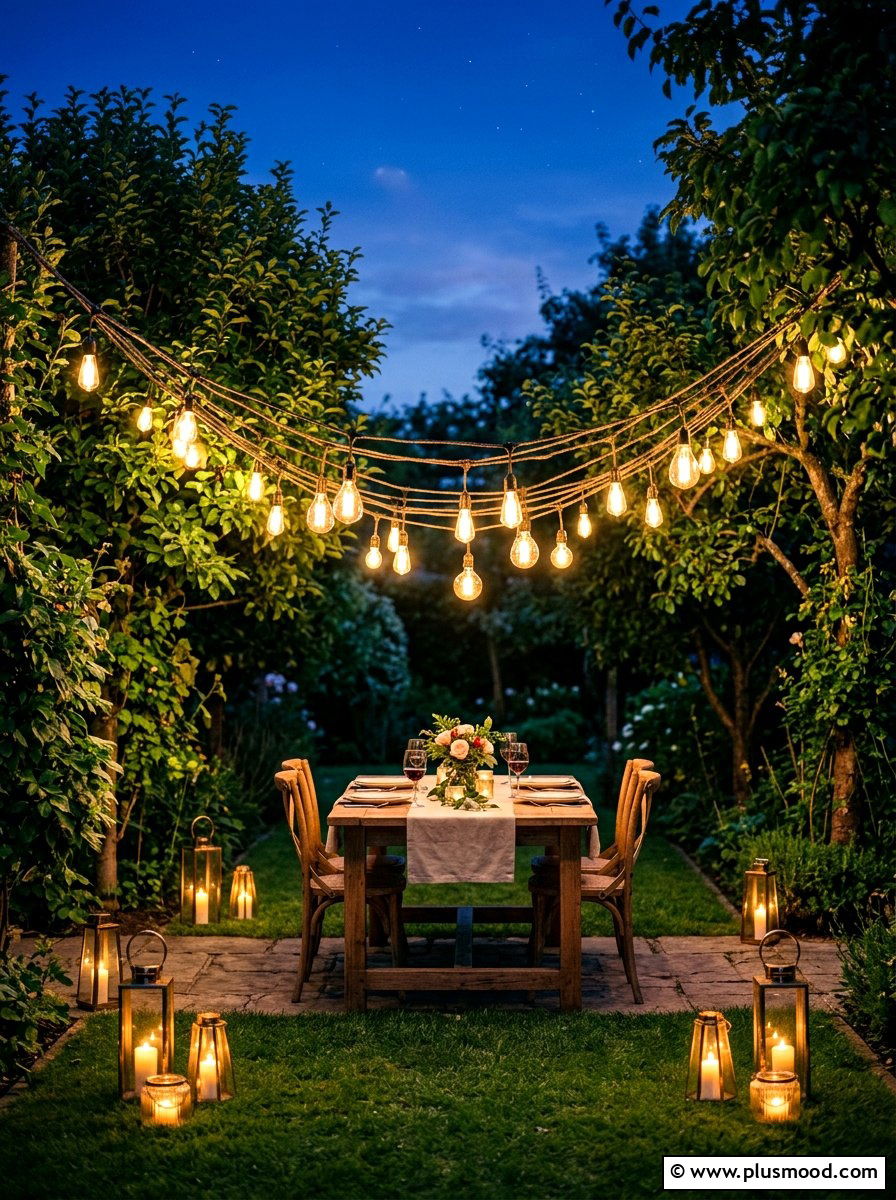 String Light Ambient Dining - 25 summer picnic backyard ideas