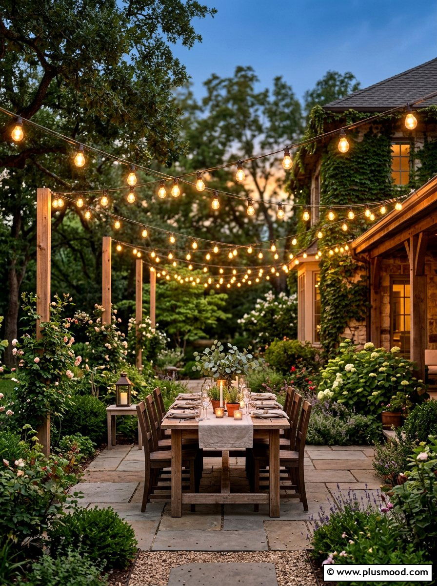 String Light Backyard Setup - 25 small backyard ideas with dining area