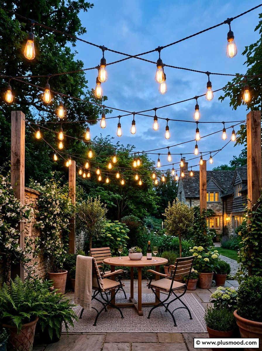 String Light Canopy - 25 small backyard ideas for tiny homes