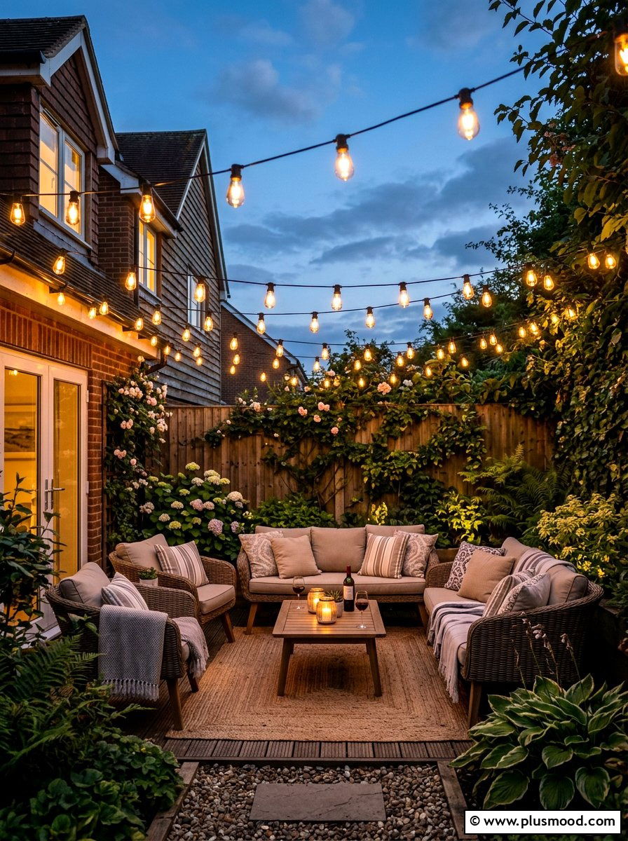 String Light Canopy - 25 small backyard ideas with garden