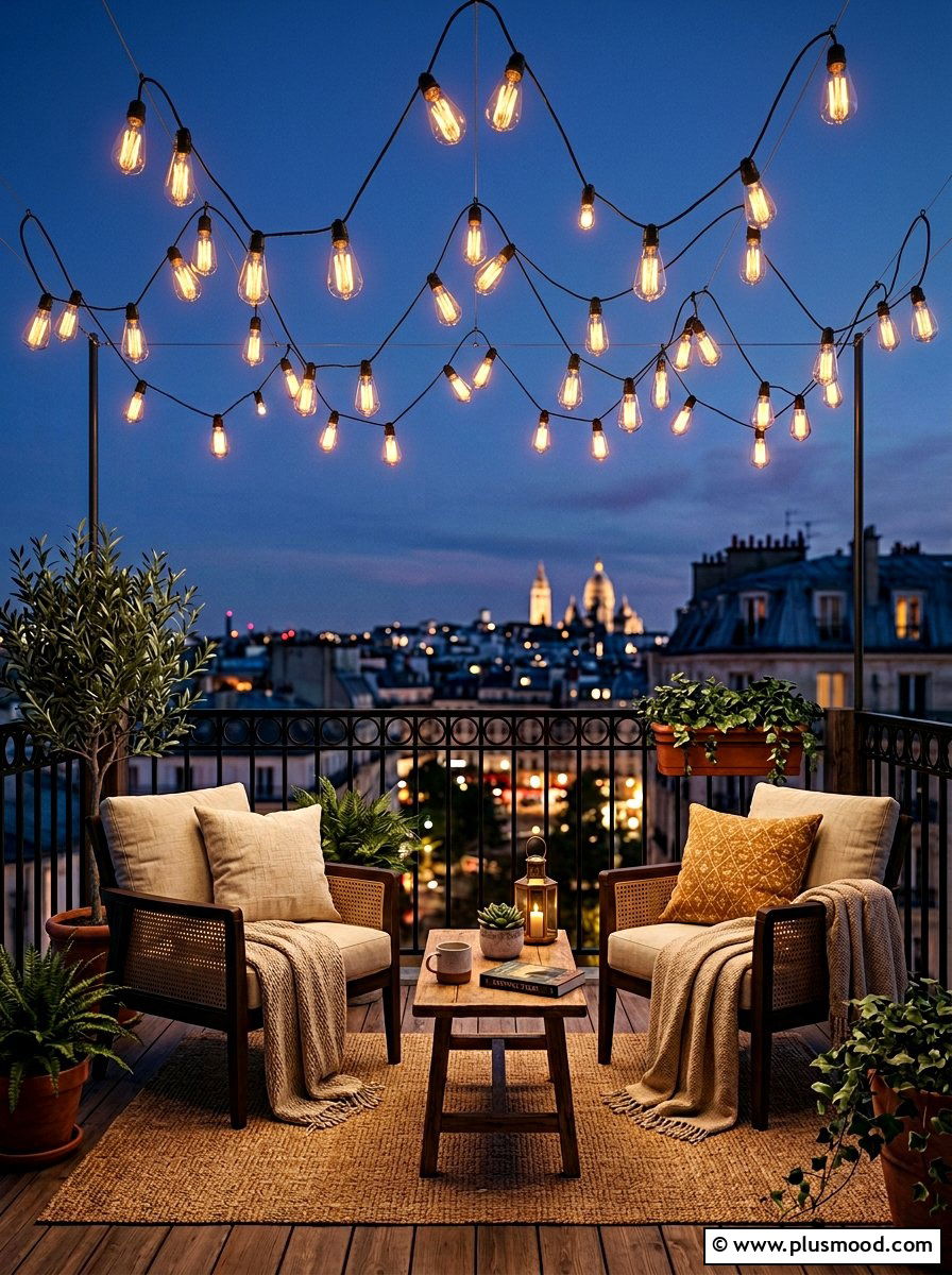 String Light Canopy Arrangement - 25 summer cozy apartment patio ideas