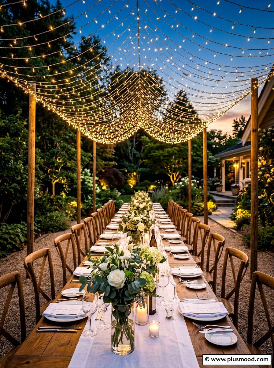 String Light Canopy Setting - 25 summer dinner party ideas outdoors