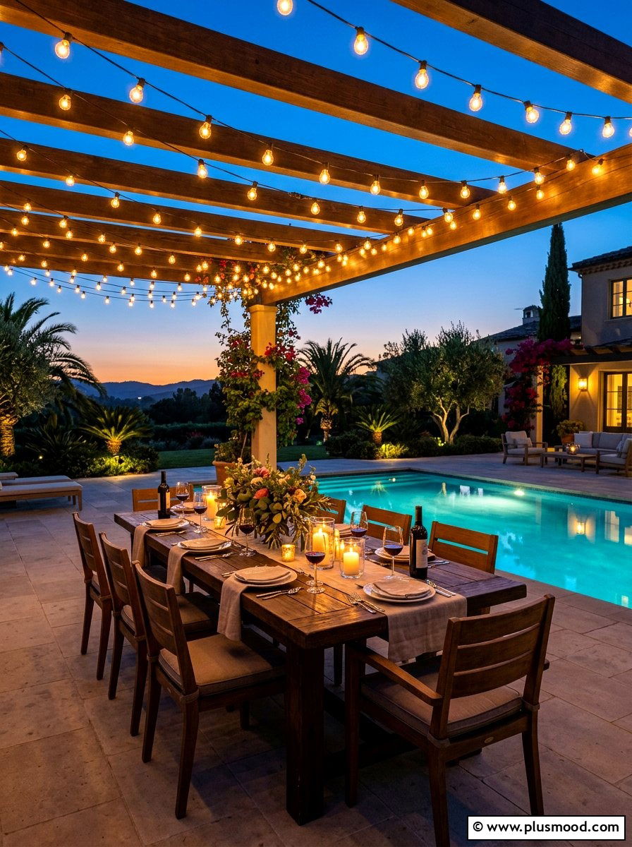 String Light Dining - 25 summer poolside dining ideas