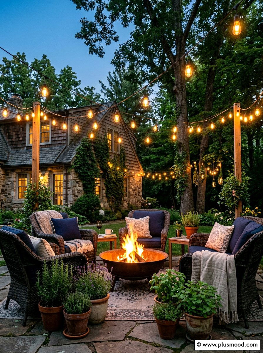 String Light Fire Bowl Area - 25 small backyard ideas with fire bowl