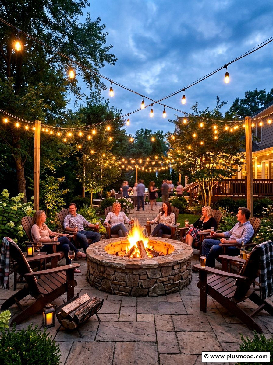String Light Fire Pit - 25 summer backyard fire pit ideas