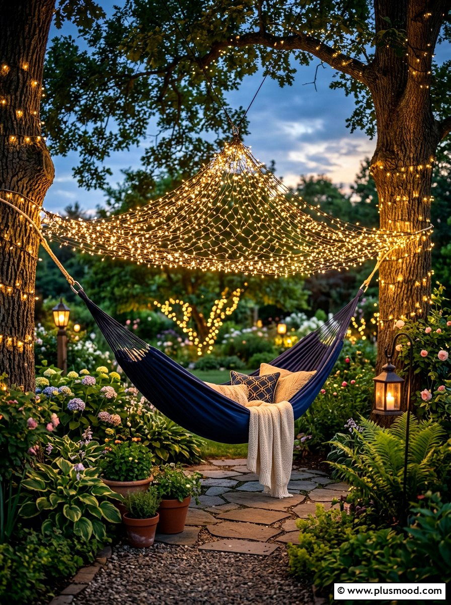 String Light Hammock - 25 summer backyard hammock ideas