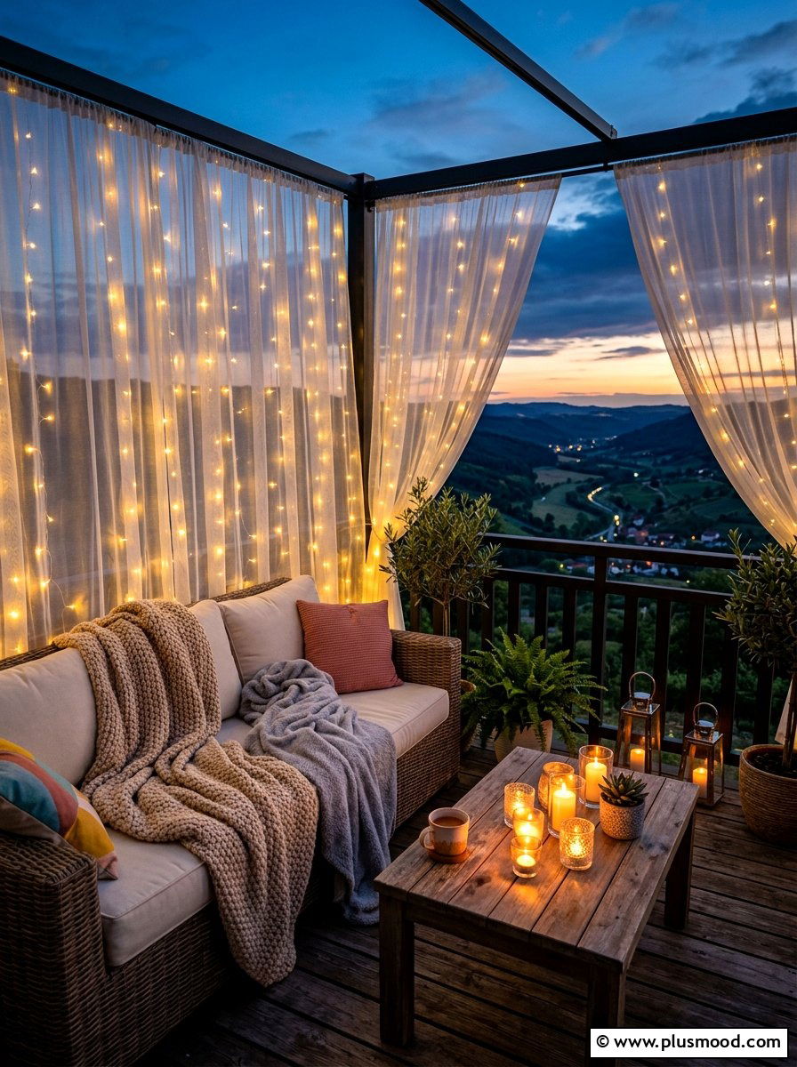 String Light Integrated Balcony Curtains - 25 summer balcony curtain ideas