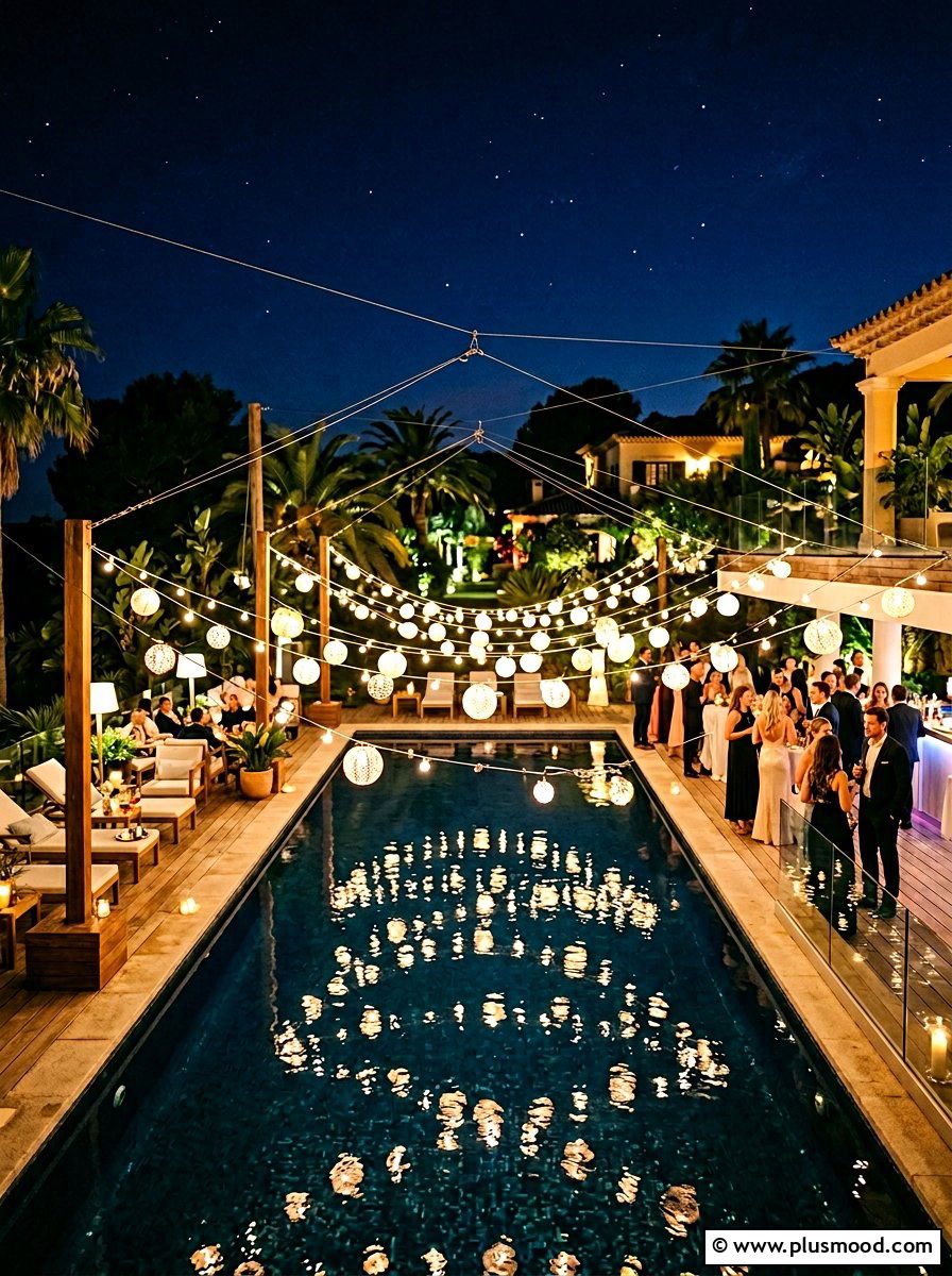 String Light Lanterns Over Pool Water - 25 pool landscaping ideas with lanterns