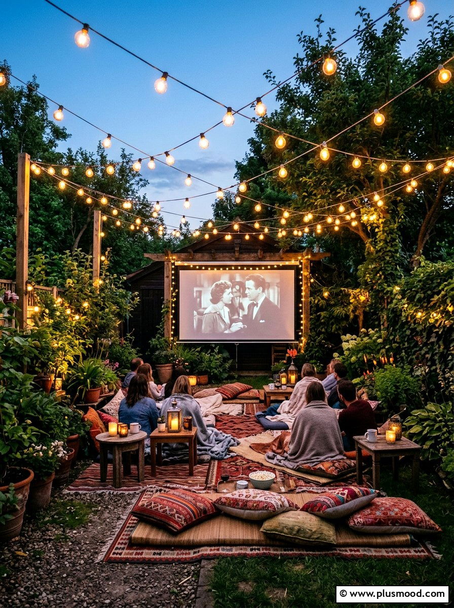 String Light Movie Ambiance - 25 small backyard ideas with movie screen