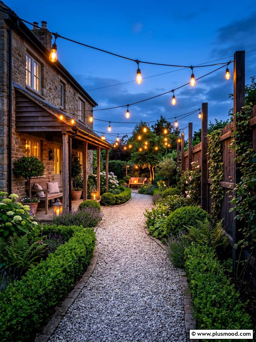 String Light Path Illumination - 25 summer side yard landscaping ideas