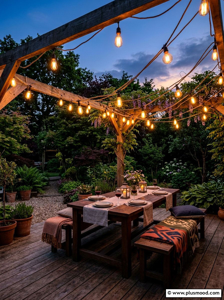 String Light Patio - 25 summer farmhouse landscaping ideas