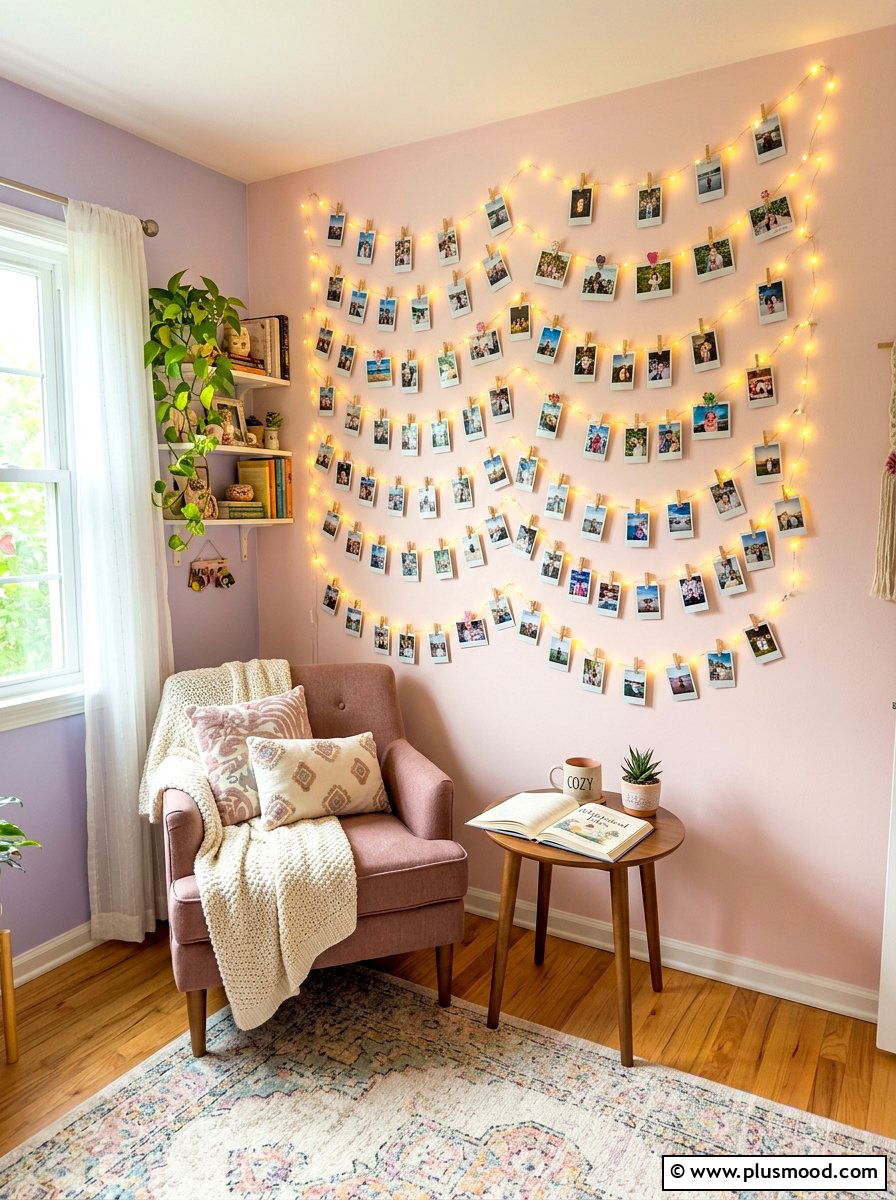String Light Photo Wall - 25 summer wall decor ideas for bedroom