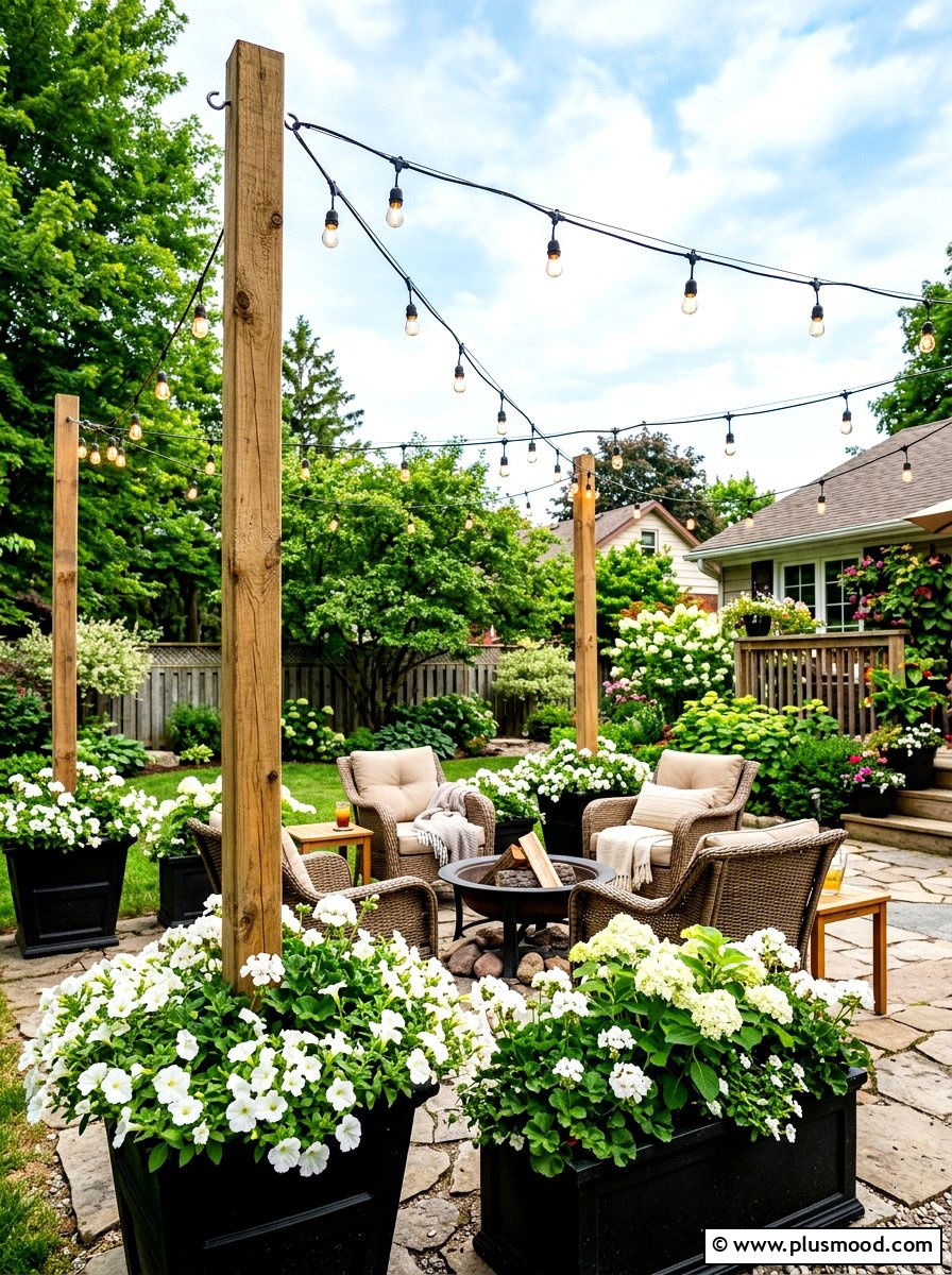 String Light Poles - 25 summer backyard cheap makeover ideas