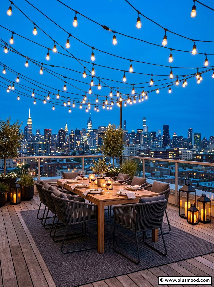 String Light Terrace Seating - 25 summer outdoor dining ideas