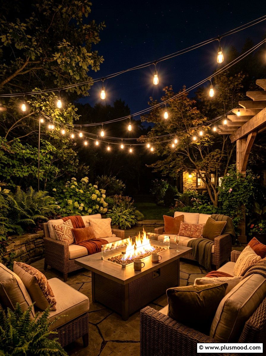 String Lights And Fire Table - 25 small backyard ideas with fire table