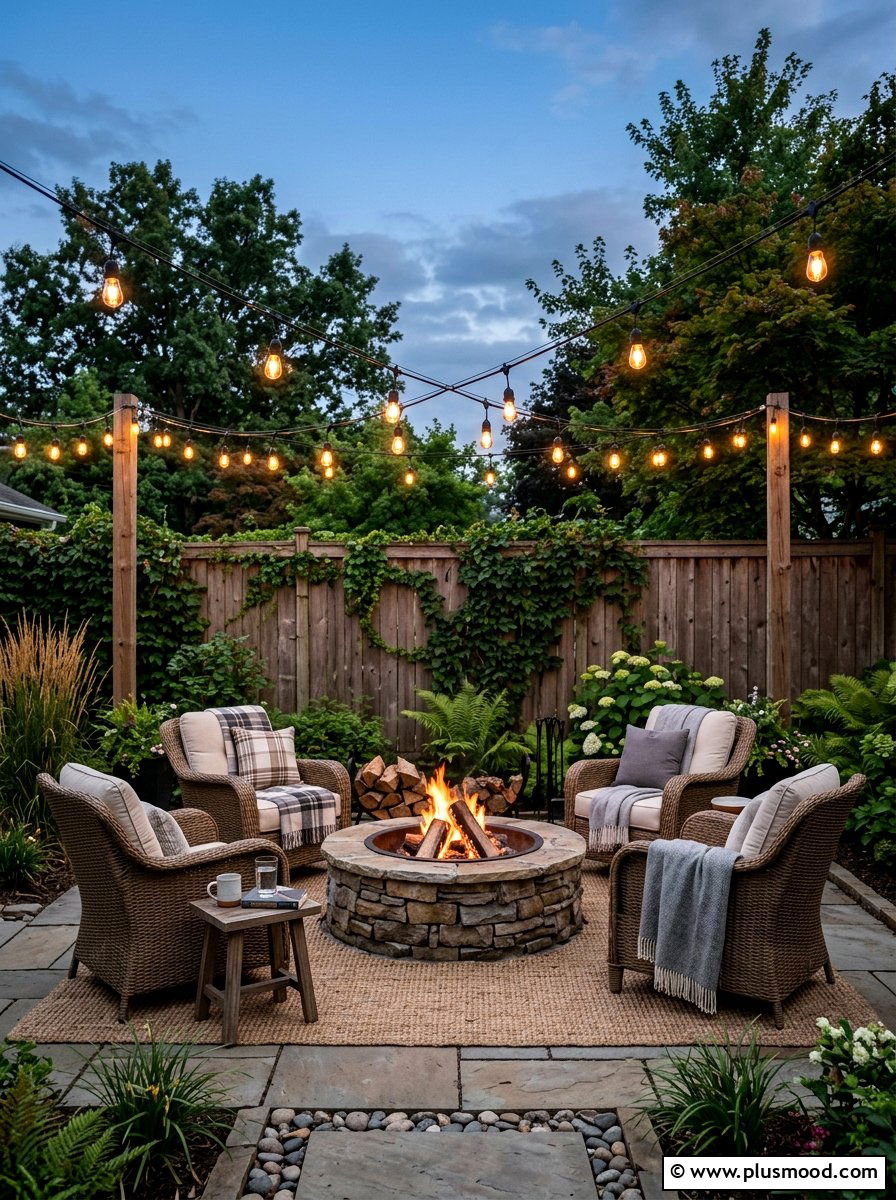 String Lights Fire Pit - 25 small backyard ideas with fire pit