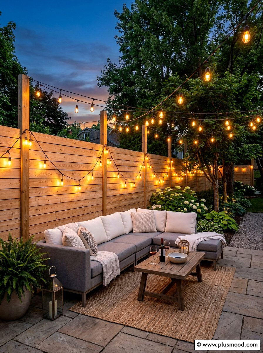 String Lights On Fence - 25 small backyard ideas for apartments with fence