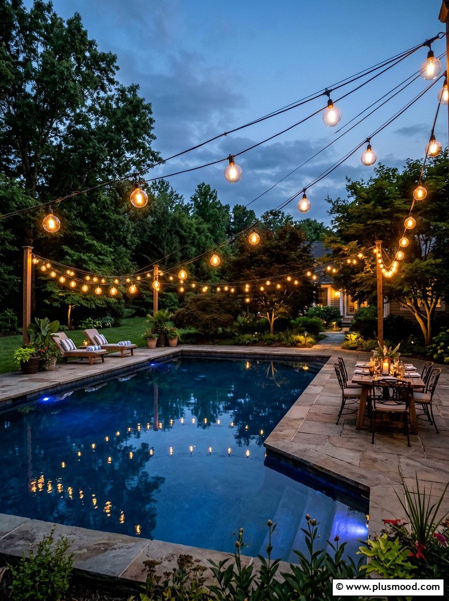 String Lights Over Swimming Pool - 25 pool landscaping ideas with night lighting