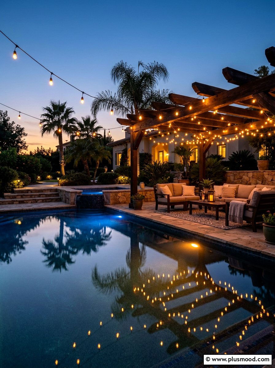 String Lights Pool Area - 25 pool landscaping ideas for beginners