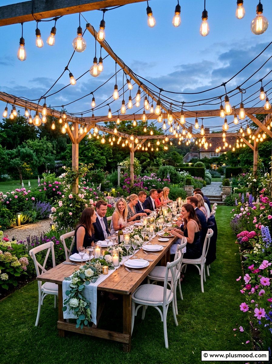 String light garden dinner - 25 summer backyard picnic ideas