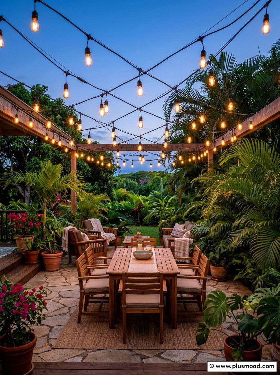 String light installation - 25 small backyard ideas for tropical theme