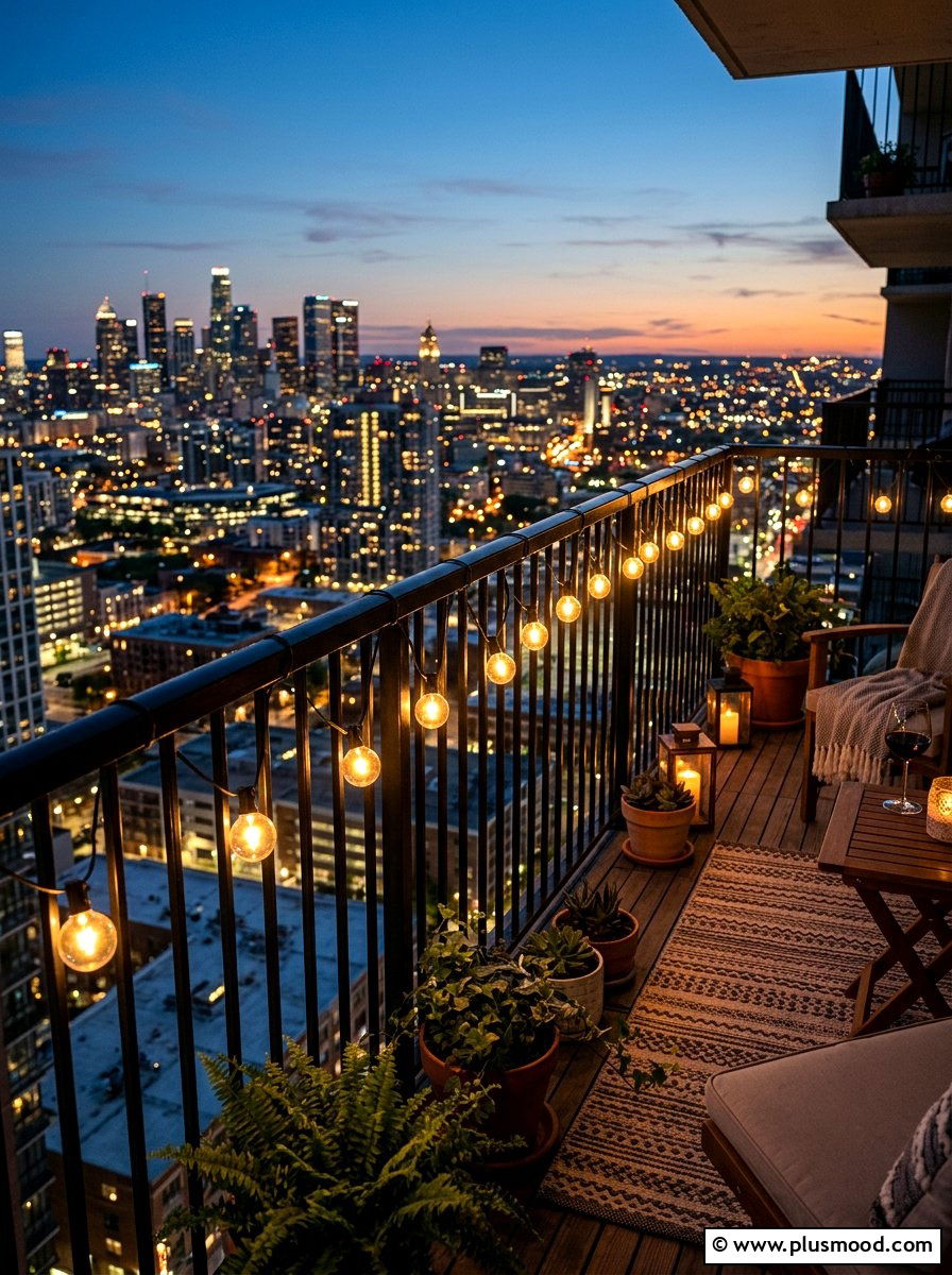 String lights for balcony railing - 25 summer boho balcony ideas